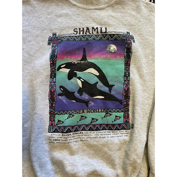 Vintage TULTEX Shamu Sea World Orca Print USA Sweatshirt Grey 90s Mens XL - Picture 2 of 6
